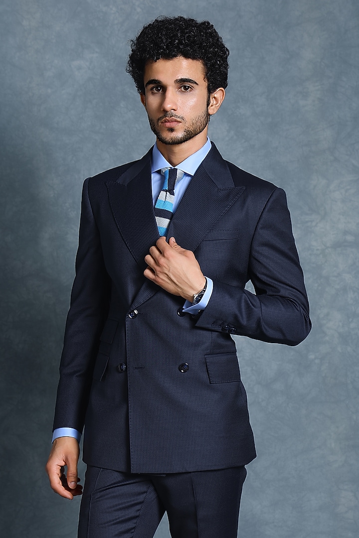 Dark Blue Wool Double-Breasted Jacket Set by Line by Shamim Khan at Pernia's Pop Up Shop