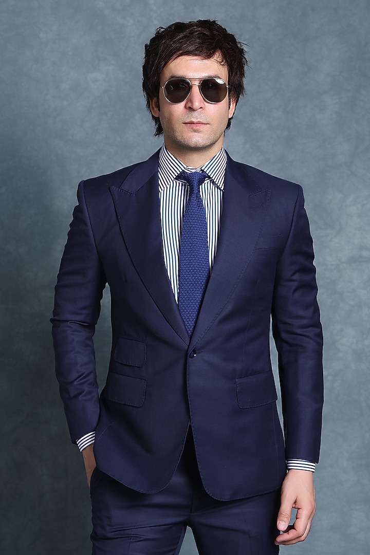 Dark Blue Wool Double-Breasted Jacket Set by Line by Shamim Khan at Pernia's Pop Up Shop
