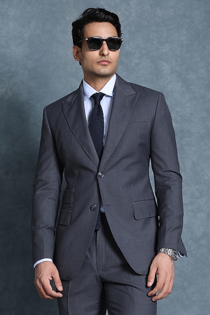 Grey Wool Double-Breasted Jacket Set by Line by Shamim Khan at Pernia's Pop Up Shop