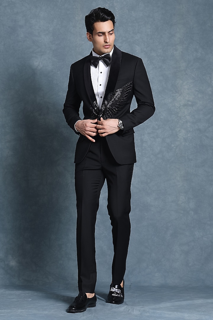 Black Wool Embroidered Tuxedo Set by Line by Shamim Khan at Pernia's Pop Up Shop