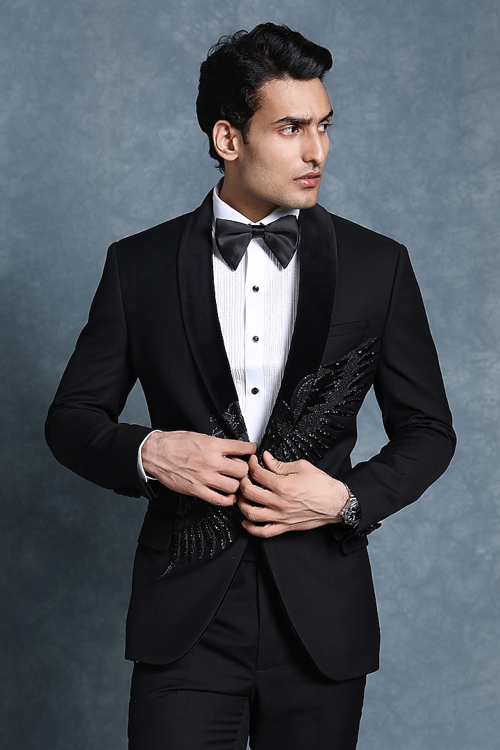 Black Wool Embroidered Tuxedo Set by Line by Shamim Khan at Pernia's Pop Up Shop