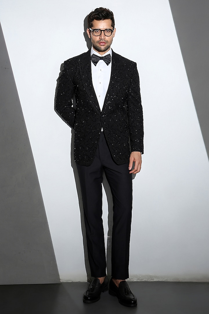 Black Wool Embellished Tuxedo Set by Line by Shamim Khan