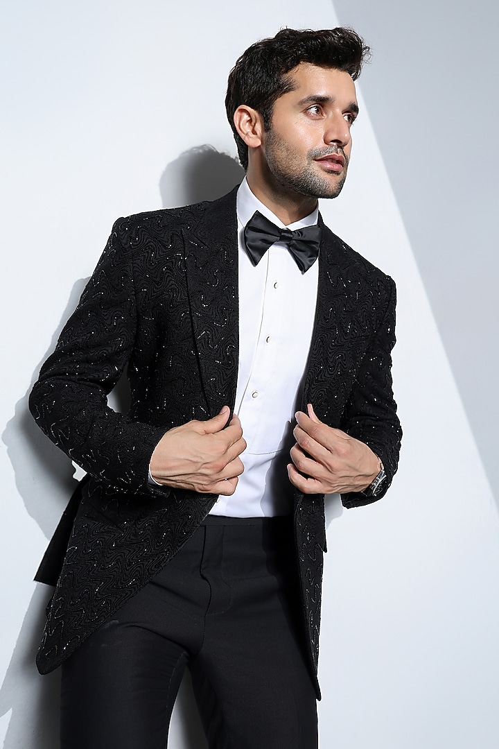 Black Wool Embellished Tuxedo Set by Line by Shamim Khan at Pernia's Pop Up Shop