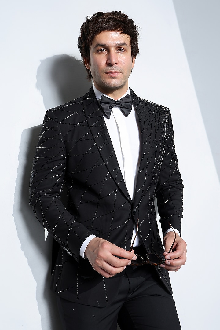 Black Wool Hand Embellished Tuxedo Set by Line by Shamim Khan at Pernia's Pop Up Shop