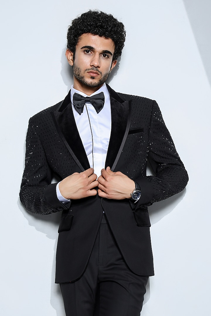 Black Wool Embroidered Tuxedo Set by Line by Shamim Khan at Pernia's Pop Up Shop