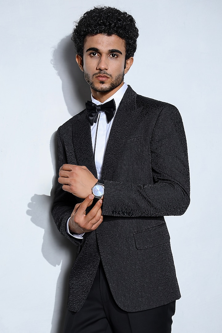 Black Wool Textured Tuxedo Set by Line by Shamim Khan at Pernia's Pop Up Shop