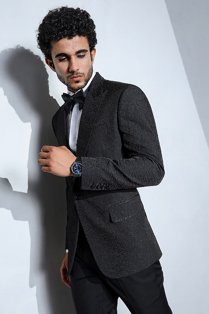 Black Wool Textured Tuxedo Set by Line by Shamim Khan at Pernia's Pop Up Shop