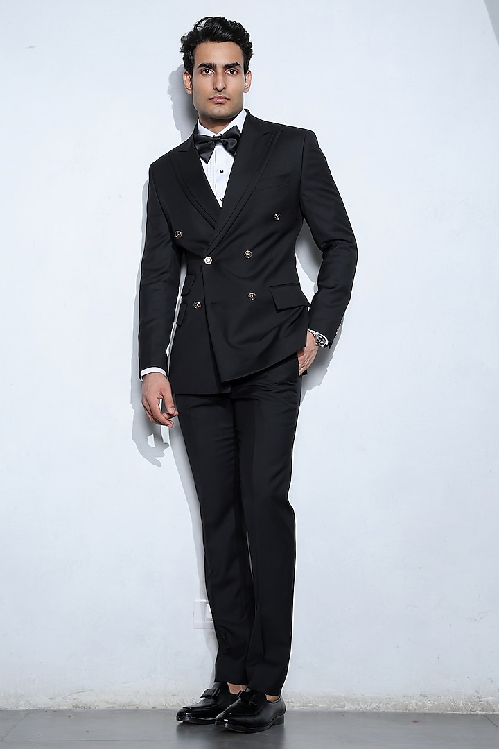 Black Wool Double-Breasted Tuxedo Set by Line by Shamim Khan