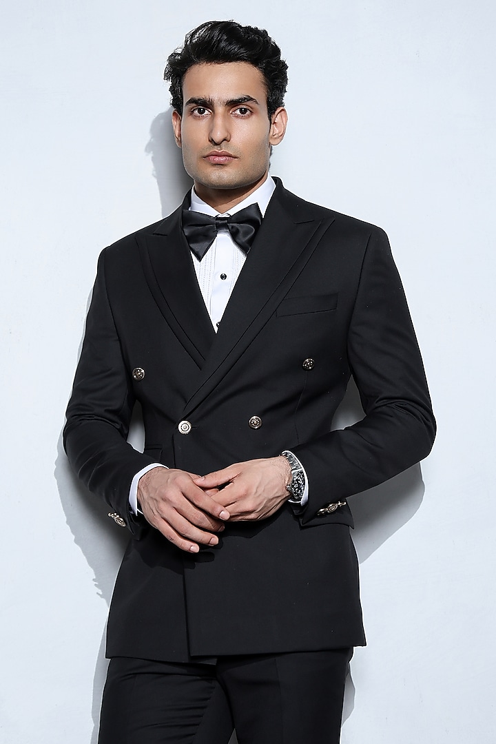Black Wool Double-Breasted Tuxedo Set by Line by Shamim Khan at Pernia's Pop Up Shop