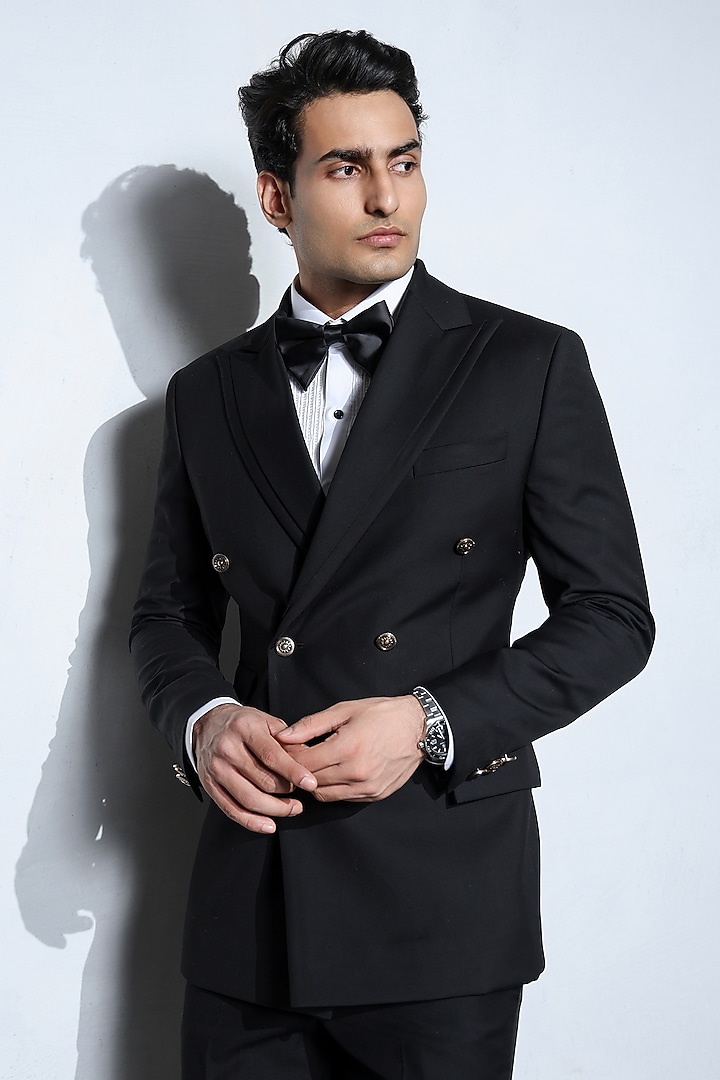 Black Wool Double-Breasted Tuxedo Set by Line by Shamim Khan at Pernia's Pop Up Shop