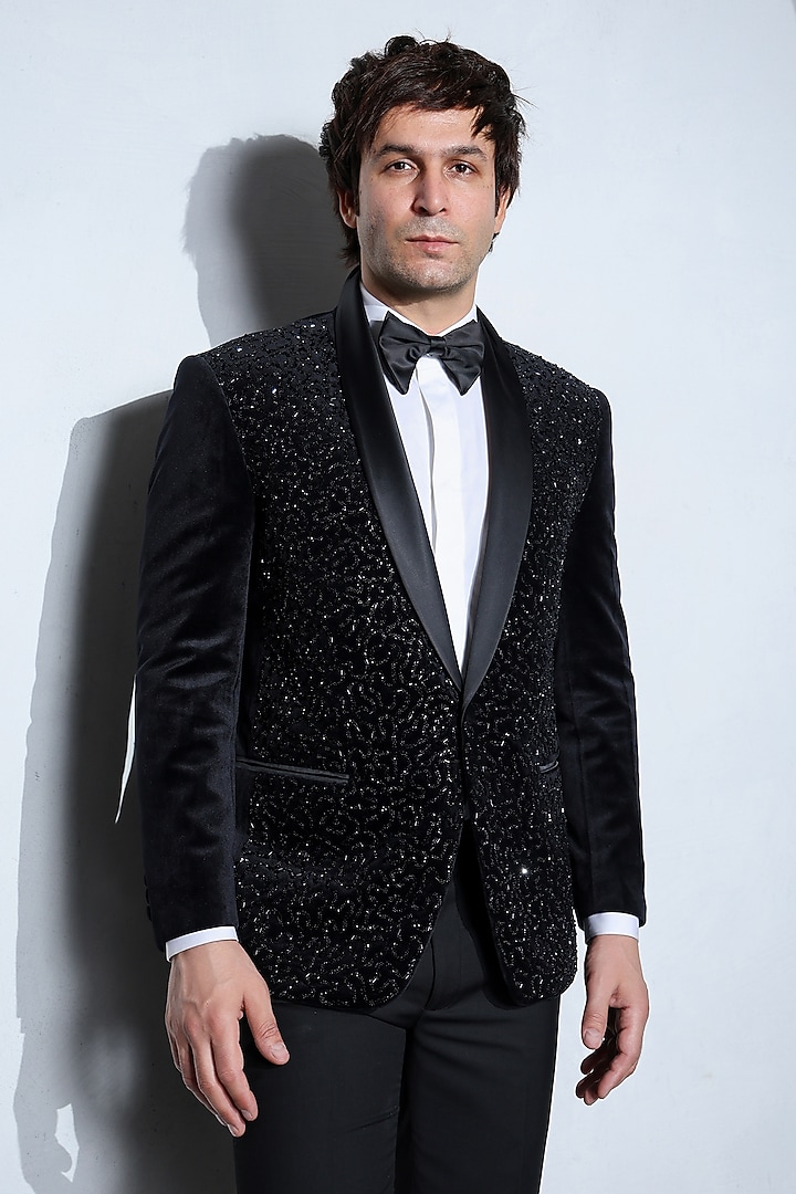 Black Velvet Hand Embellished Tuxedo Set by Line by Shamim Khan at Pernia's Pop Up Shop