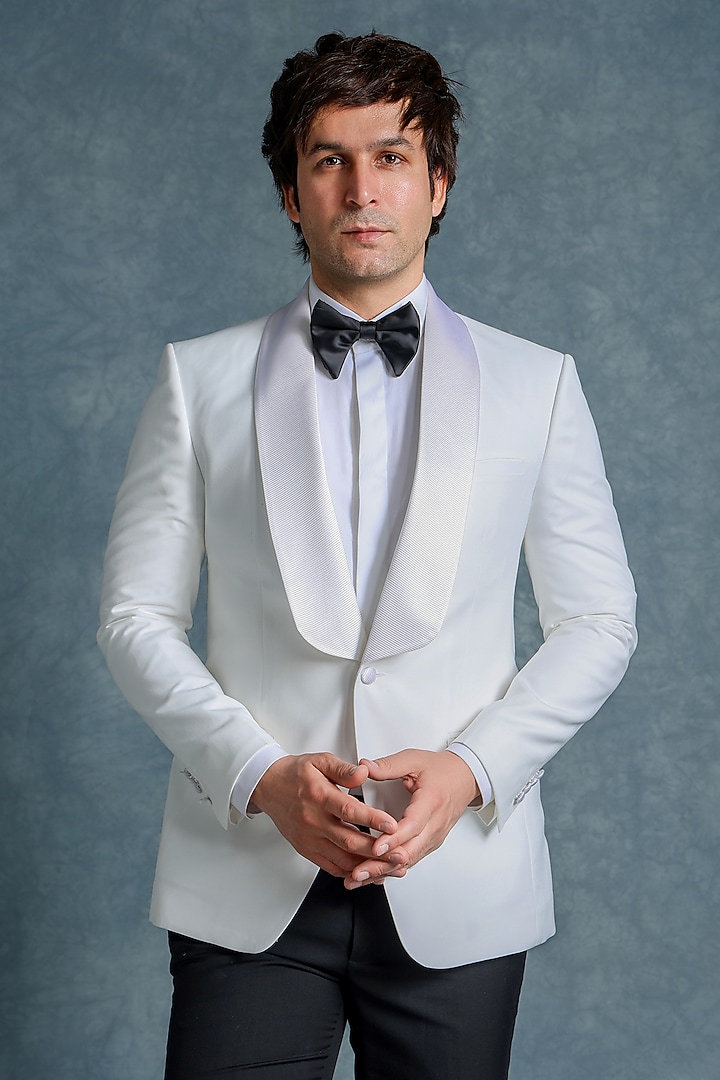 Ivory Wool Tuxedo Set by Line by Shamim Khan at Pernia's Pop Up Shop