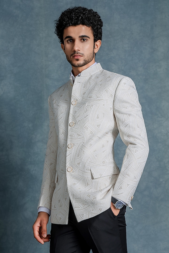 Ivory Wool Wedding Bandhgala Set by Line by Shamim Khan at Pernia's Pop Up Shop