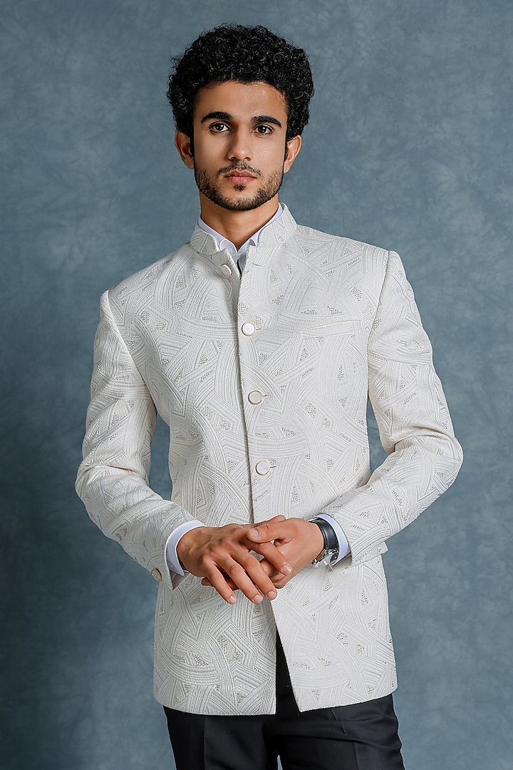 Ivory Wool Wedding Bandhgala Set by Line by Shamim Khan at Pernia's Pop Up Shop