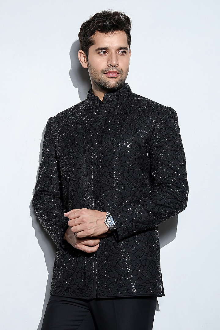 Black Wool Embroidered Groom Bandhgala Set by Line by Shamim Khan at Pernia's Pop Up Shop