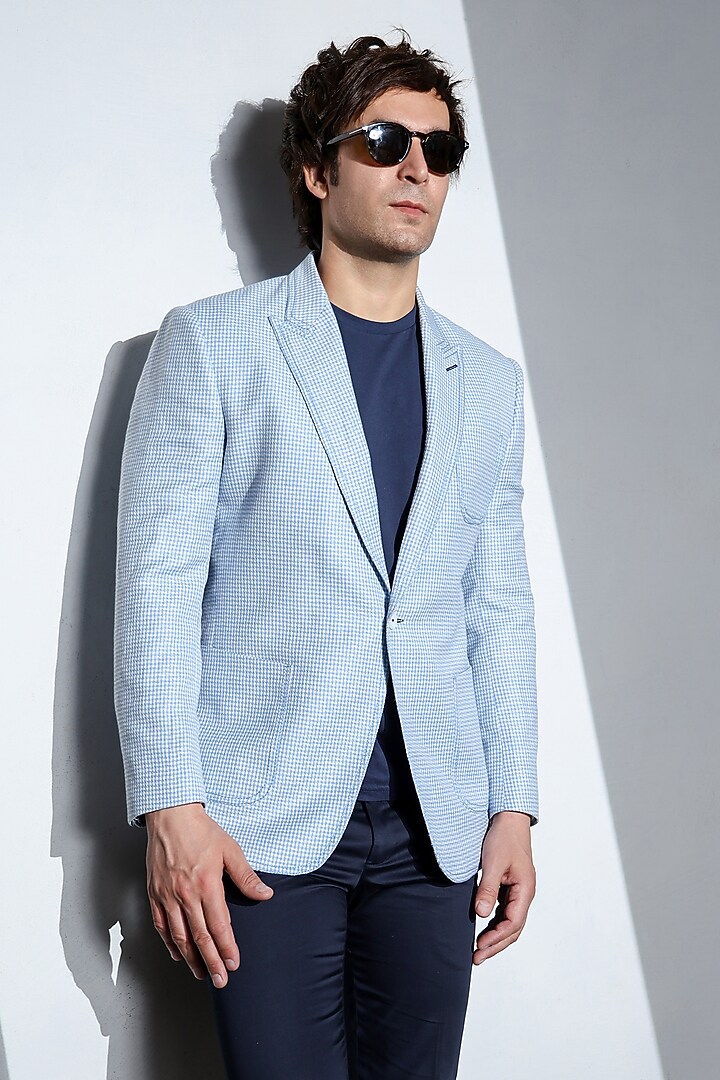 Powder Blue Wool Jacket Set by Line by Shamim Khan at Pernia's Pop Up Shop