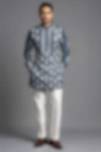 Dark Grey Raw Silk Thread Embroidered Kurta Set by Line by Shamim Khan at Pernia's Pop Up Shop