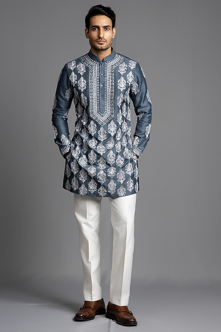 Dark Grey Raw Silk Thread Embroidered Kurta Set by Line by Shamim Khan at Pernia's Pop Up Shop