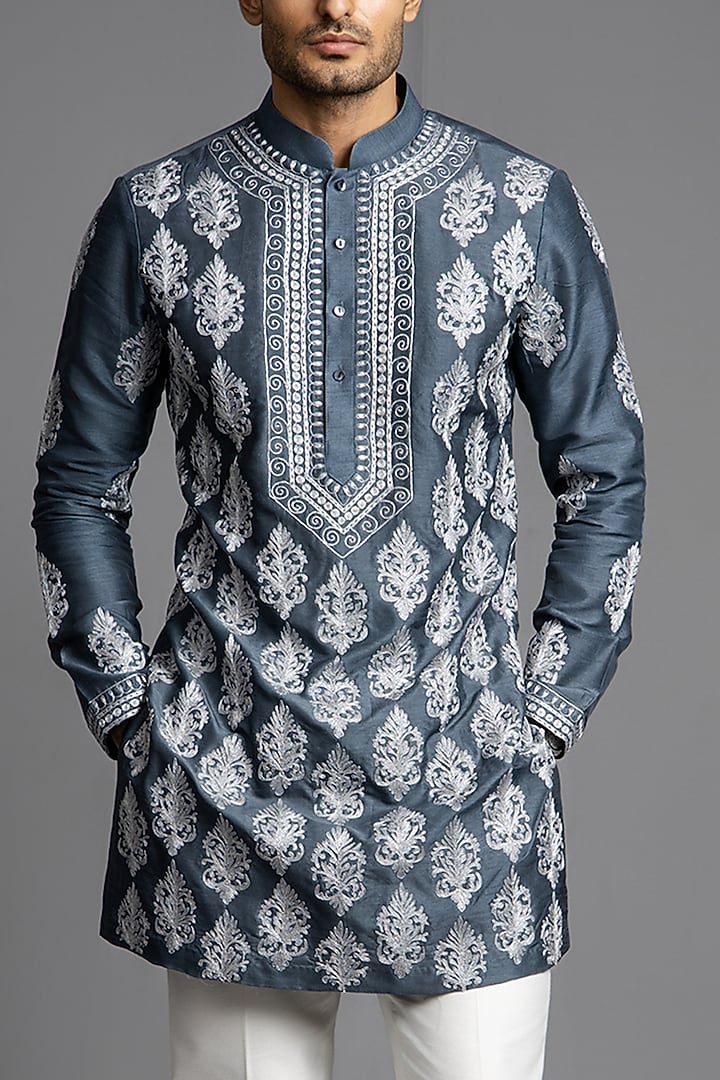 Dark Grey Raw Silk Thread Embroidered Kurta Set by Line by Shamim Khan at Pernia's Pop Up Shop