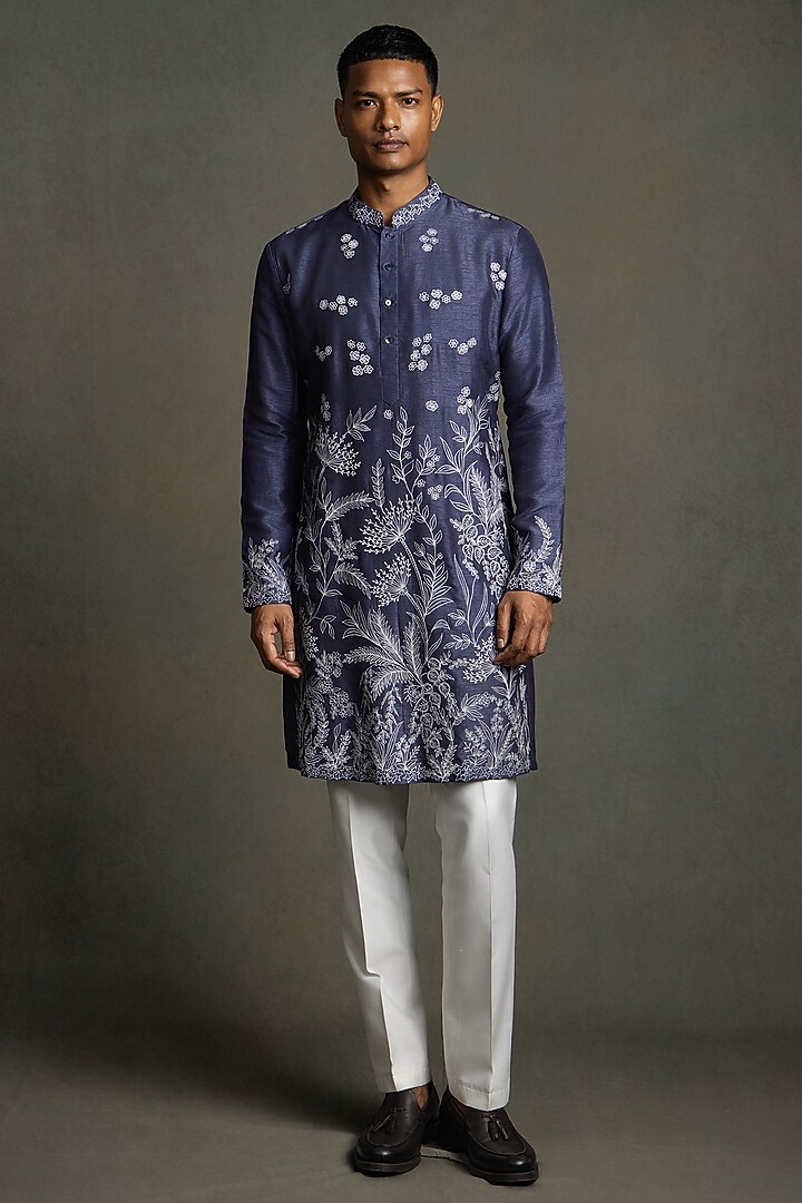 Navy Blue Dola Silk Thread Embroidered Kurta Set by Line by Shamim Khan at Pernia's Pop Up Shop