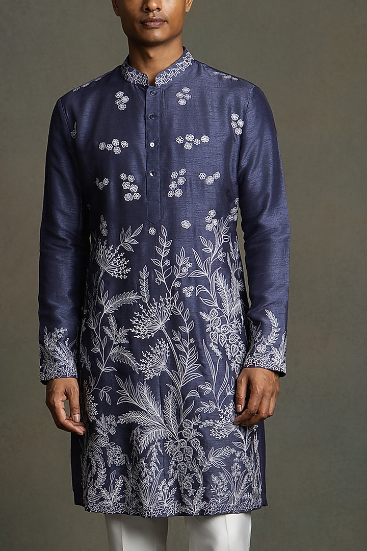 Navy Blue Dola Silk Thread Embroidered Kurta Set by Line by Shamim Khan at Pernia's Pop Up Shop