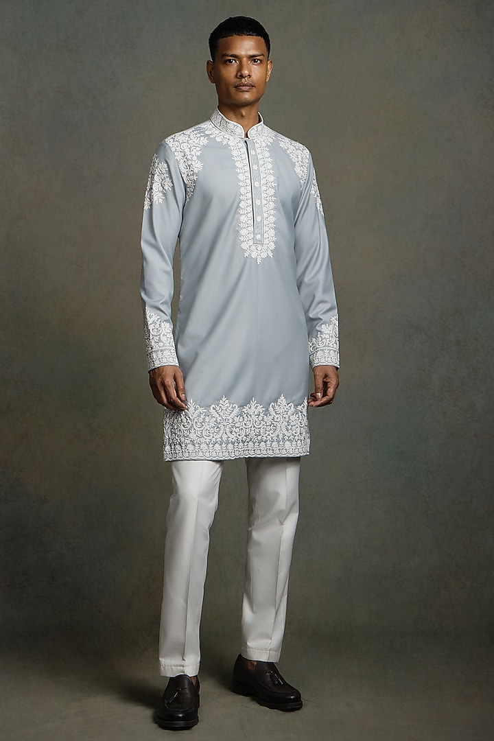 Powder Blue Dola Silk Thread Embroidered Kurta Set by Line by Shamim Khan at Pernia's Pop Up Shop