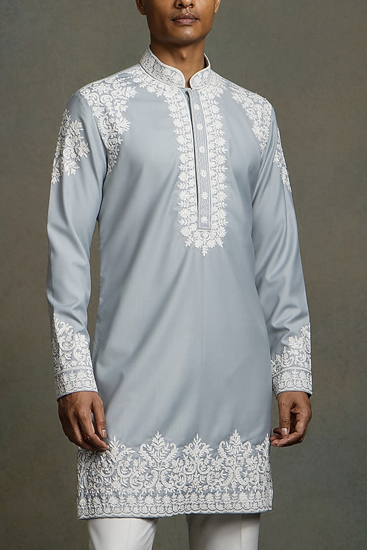 Powder Blue Dola Silk Thread Embroidered Kurta Set by Line by Shamim Khan at Pernia's Pop Up Shop