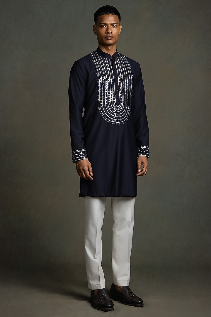 Dark Blue Cotton Viscose Mirror Embroidered Kurta Set by Line by Shamim Khan at Pernia's Pop Up Shop