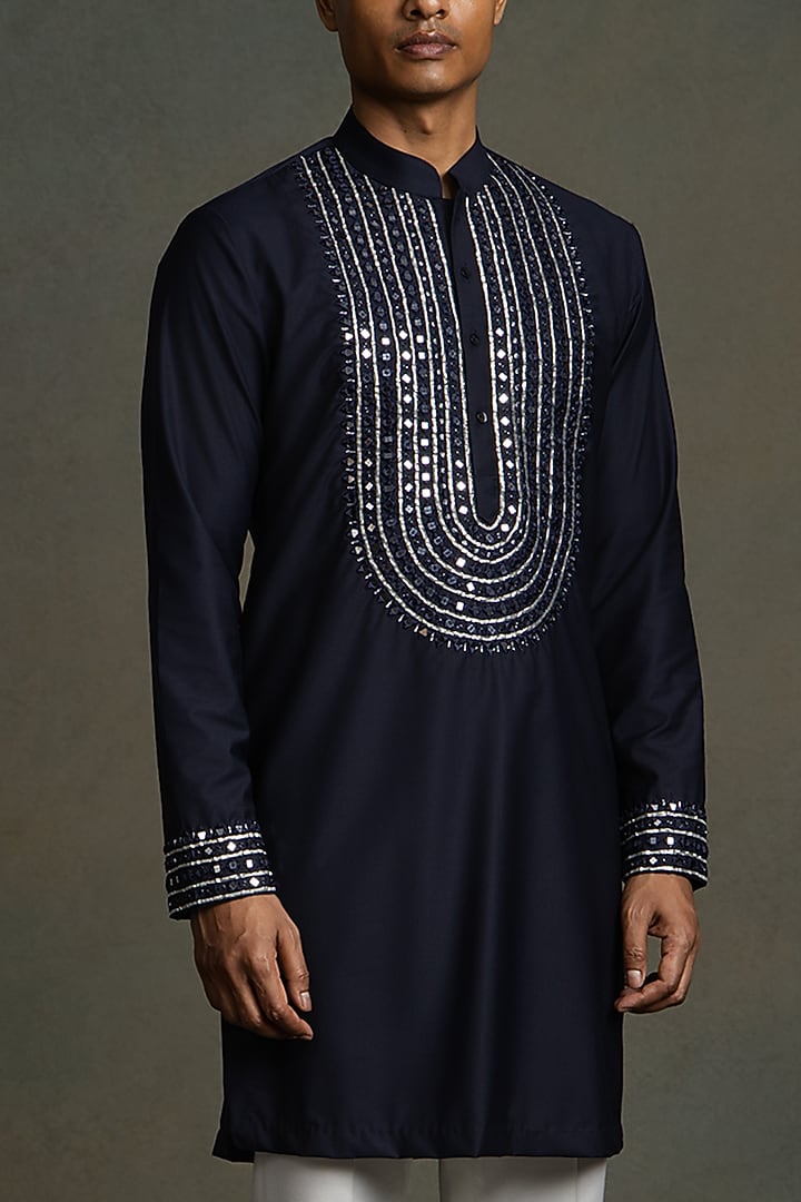 Dark Blue Cotton Viscose Mirror Embroidered Kurta Set by Line by Shamim Khan at Pernia's Pop Up Shop