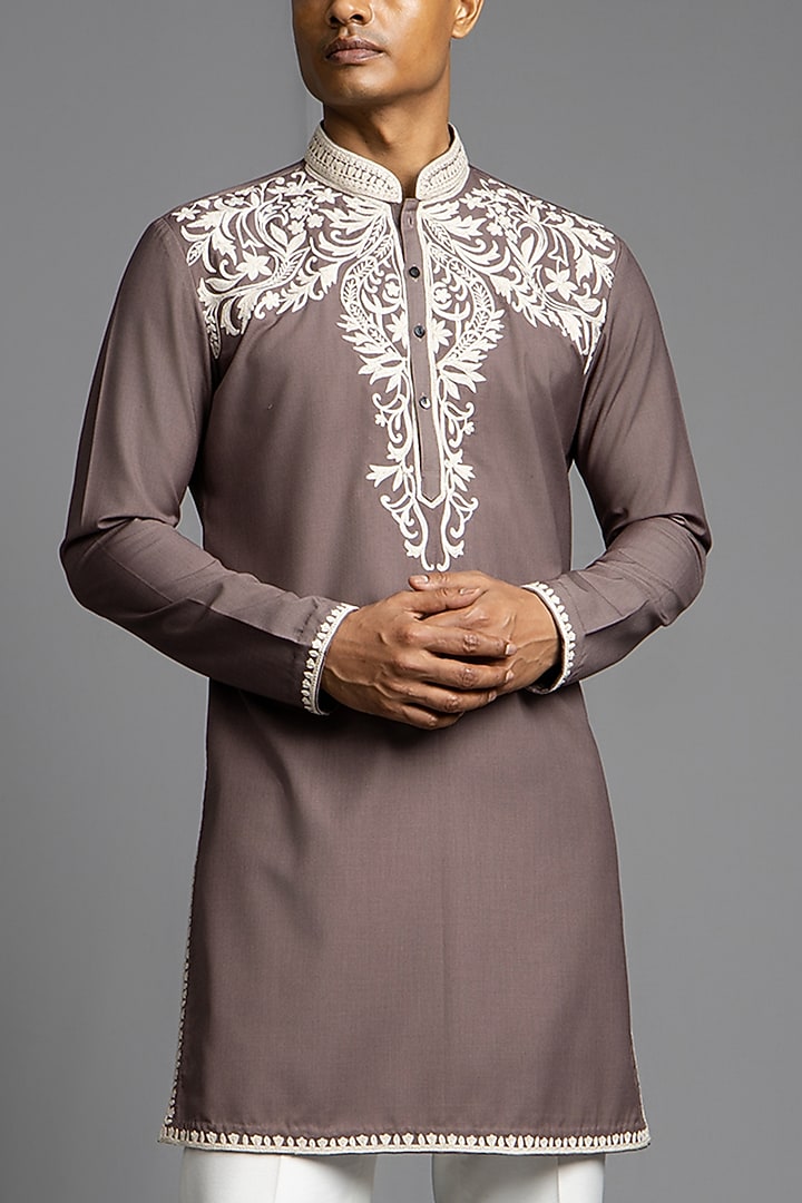 Brown Cotton Viscose Mirror Embroidered Kurta Set by Line by Shamim Khan at Pernia's Pop Up Shop