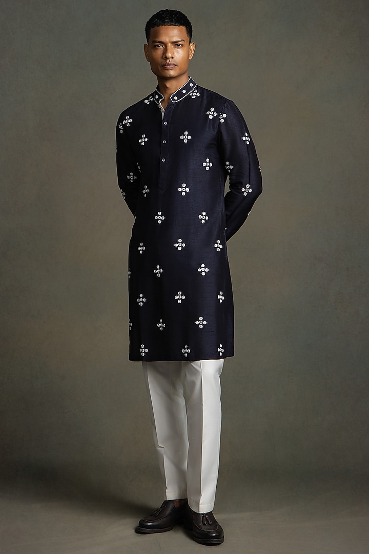 Dark Blue Dola Silk Thread Embroidered Kurta Set by Line by Shamim Khan at Pernia's Pop Up Shop