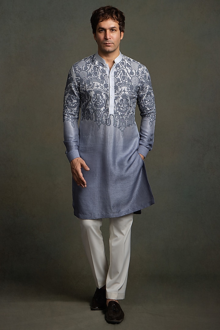 Ombre Grey Dola Silk Thread Embroidered Kurta Set by Line by Shamim Khan at Pernia's Pop Up Shop