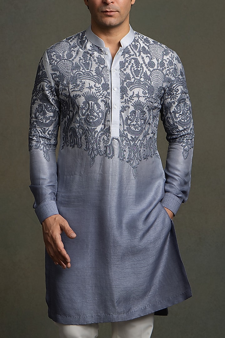 Ombre Grey Dola Silk Thread Embroidered Kurta Set by Line by Shamim Khan at Pernia's Pop Up Shop