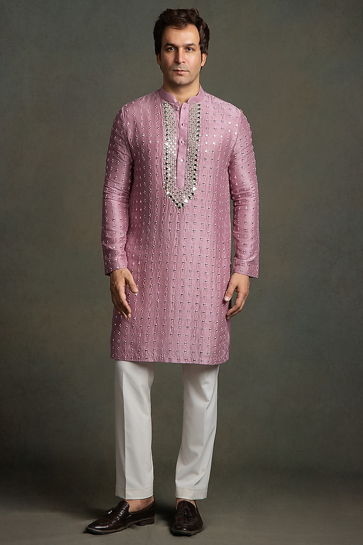 Pastel Pink Dola Silk Mirror Embroidered Kurta Set by Line by Shamim Khan at Pernia's Pop Up Shop