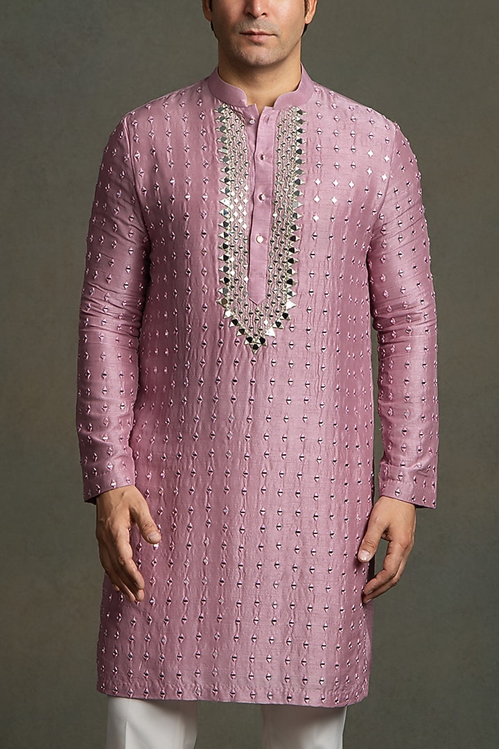 Pastel Pink Dola Silk Mirror Embroidered Kurta Set by Line by Shamim Khan at Pernia's Pop Up Shop