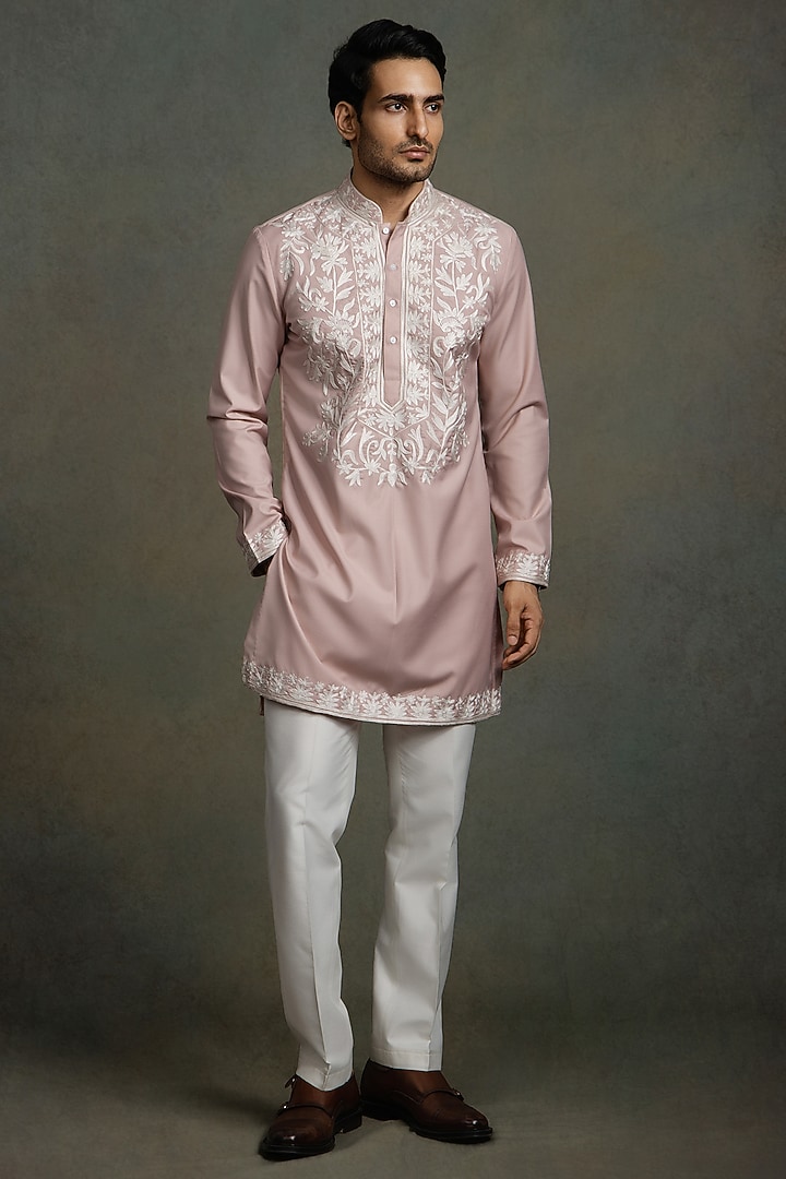 Peach Cotton Viscose Thread Embroidered Kurta Set by Line by Shamim Khan at Pernia's Pop Up Shop