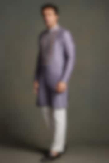 Purple Dola Silk Mirror Embroidered Kurta Set by Line by Shamim Khan at Pernia's Pop Up Shop