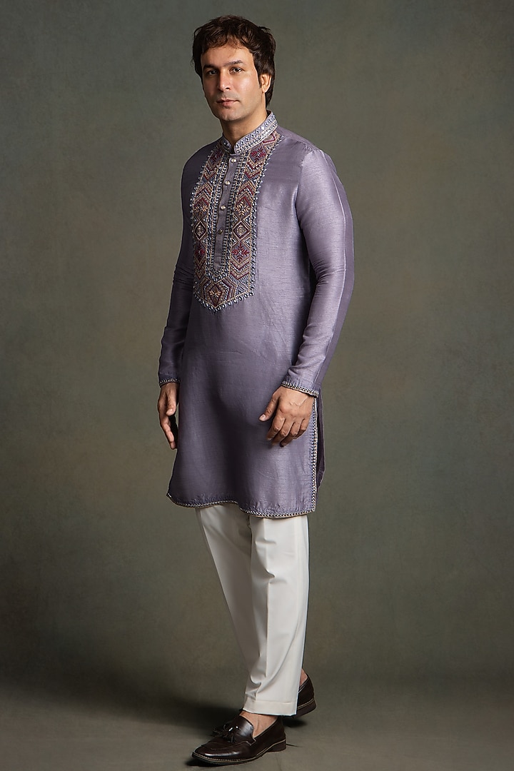 Purple Dola Silk Mirror Embroidered Kurta Set by Line by Shamim Khan at Pernia's Pop Up Shop