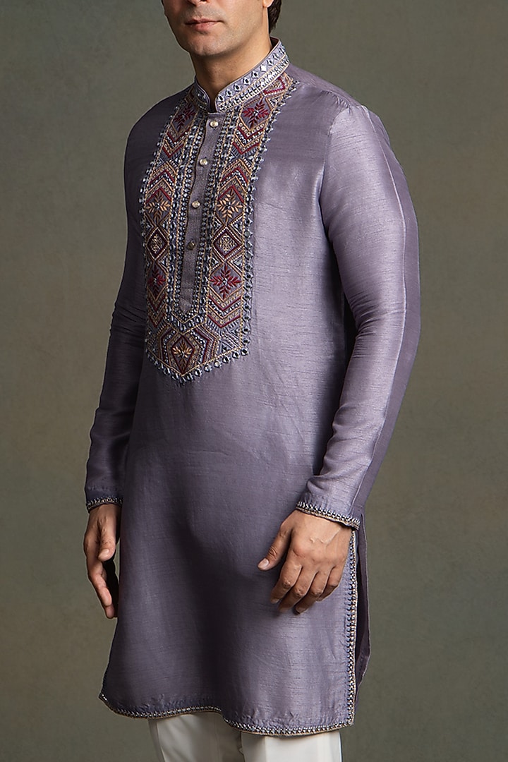 Purple Dola Silk Mirror Embroidered Kurta Set by Line by Shamim Khan at Pernia's Pop Up Shop
