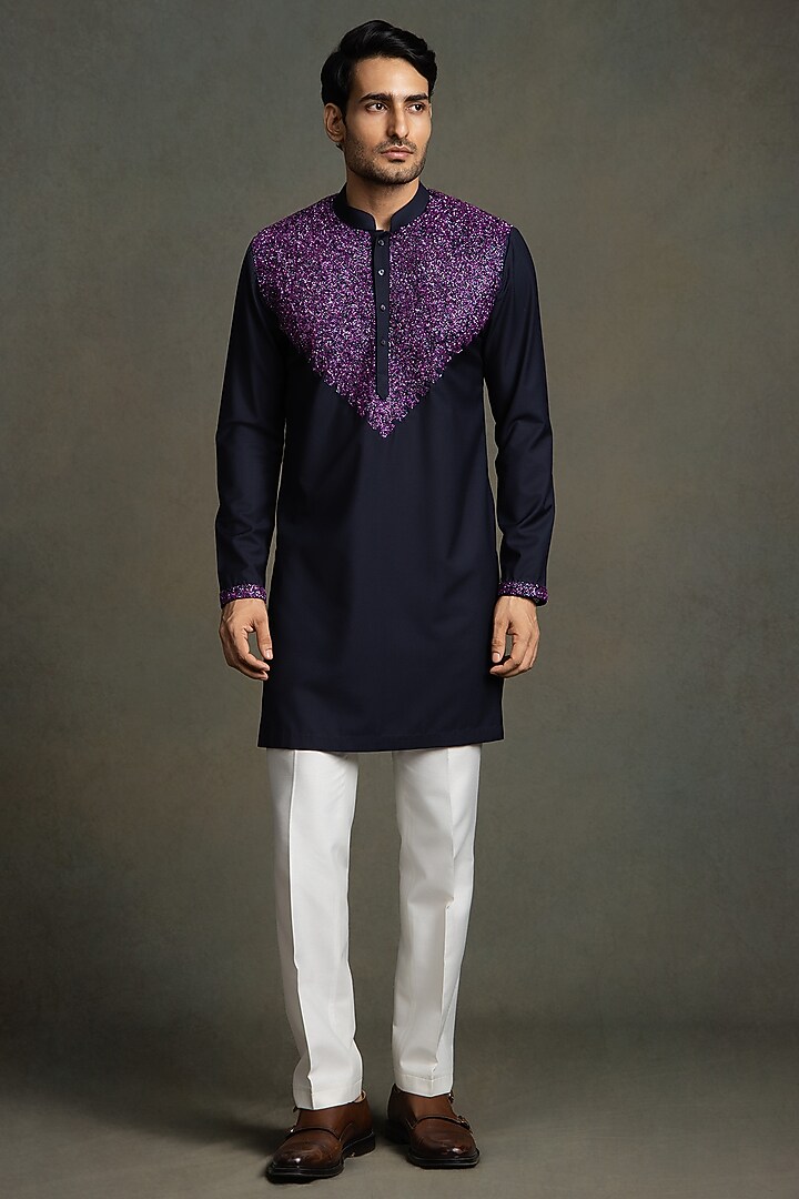 Dark Blue Cotton Viscose Glass Embroidered Kurta Set by Line by Shamim Khan at Pernia's Pop Up Shop