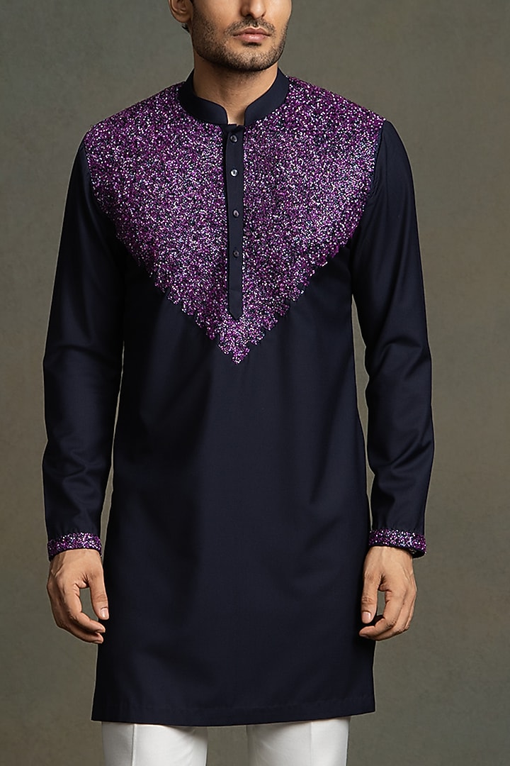 Dark Blue Cotton Viscose Glass Embroidered Kurta Set by Line by Shamim Khan at Pernia's Pop Up Shop