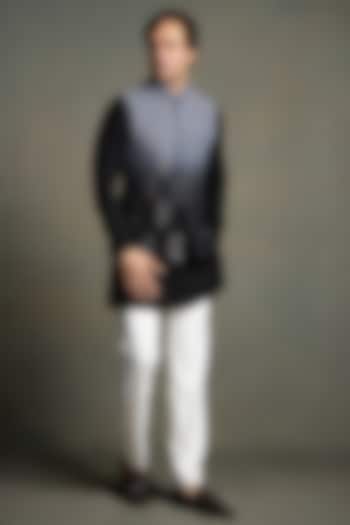 Black Ombre Dola Silk Glass Embroidered Nehru Jacket Set by Line by Shamim Khan at Pernia's Pop Up Shop