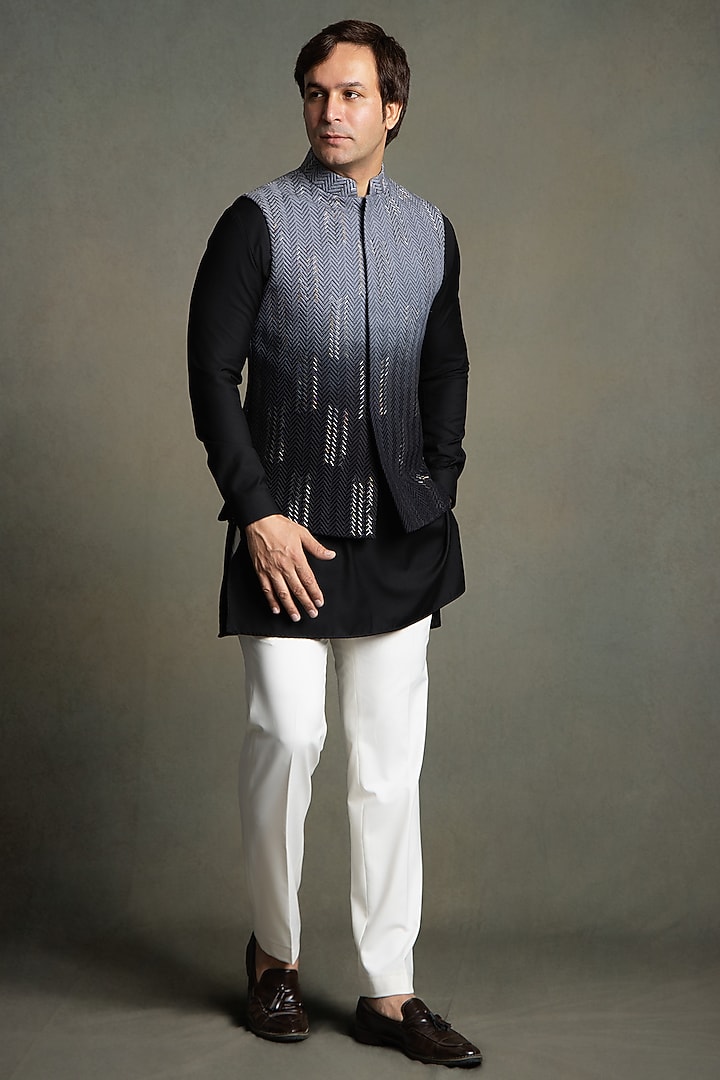 Black Ombre Dola Silk Glass Embroidered Nehru Jacket Set by Line by Shamim Khan at Pernia's Pop Up Shop