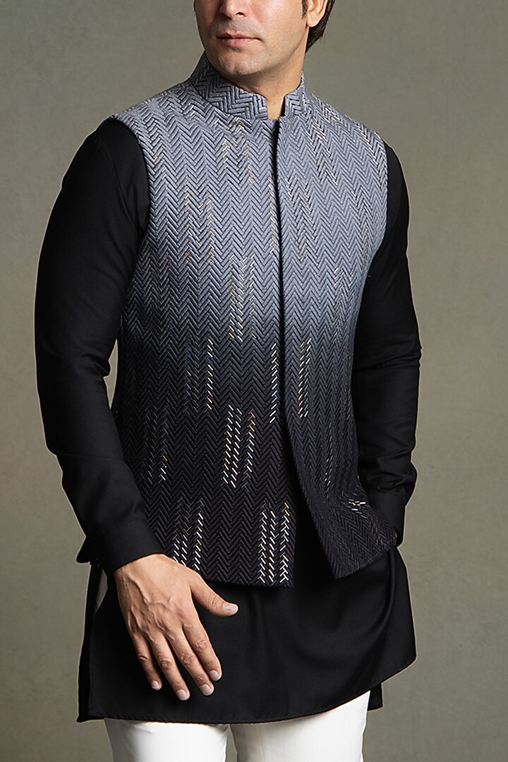 Black Ombre Dola Silk Glass Embroidered Nehru Jacket Set by Line by Shamim Khan at Pernia's Pop Up Shop