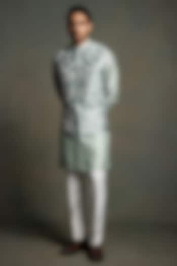 Pastel Olive Dupion Silk Thread Embroidered Nehru Jacket Set by Line by Shamim Khan at Pernia's Pop Up Shop