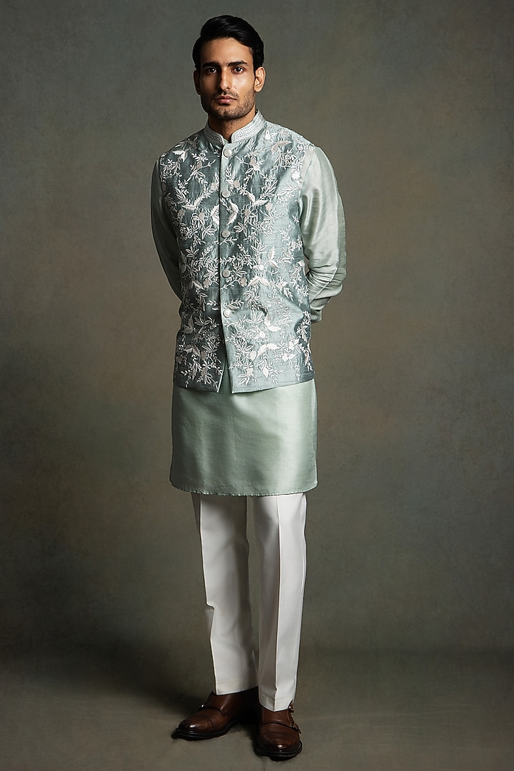 Pastel Olive Dupion Silk Thread Embroidered Nehru Jacket Set by Line by Shamim Khan at Pernia's Pop Up Shop