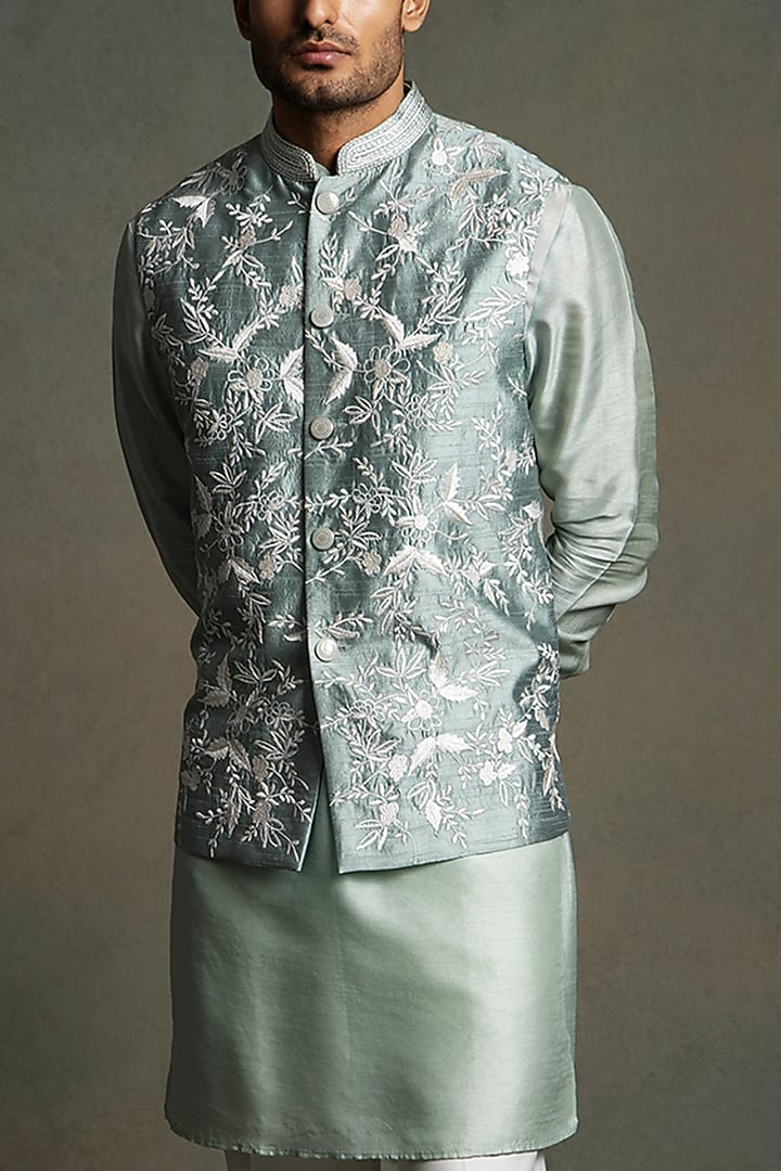 Pastel Olive Dupion Silk Thread Embroidered Nehru Jacket Set by Line by Shamim Khan at Pernia's Pop Up Shop