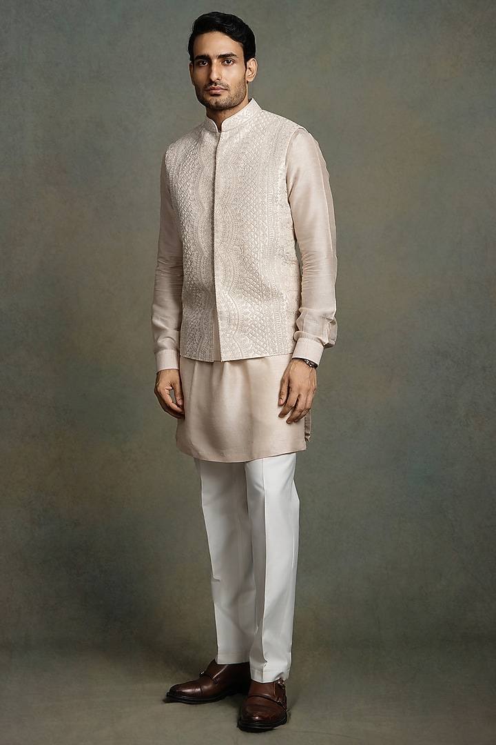 Rose Pink Dupion Silk Thread Embroidered Nehru Jacket Set by Line by Shamim Khan at Pernia's Pop Up Shop