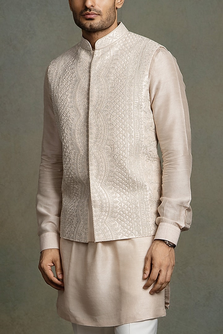 Rose Pink Dupion Silk Thread Embroidered Nehru Jacket Set by Line by Shamim Khan at Pernia's Pop Up Shop