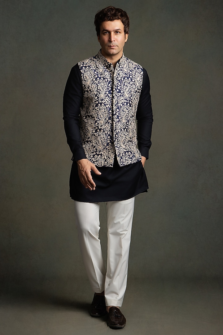 Dark Blue Dupion Silk Thread Embroidered Nehru Jacket Set by Line by Shamim Khan at Pernia's Pop Up Shop